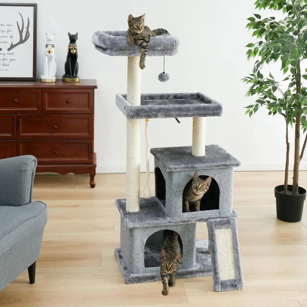 Multi-Level Pet Cat Tree House Candos Soft Natural Sisal Scratching Posts for Kitten Tower with Basket Beds Protecting Furniture