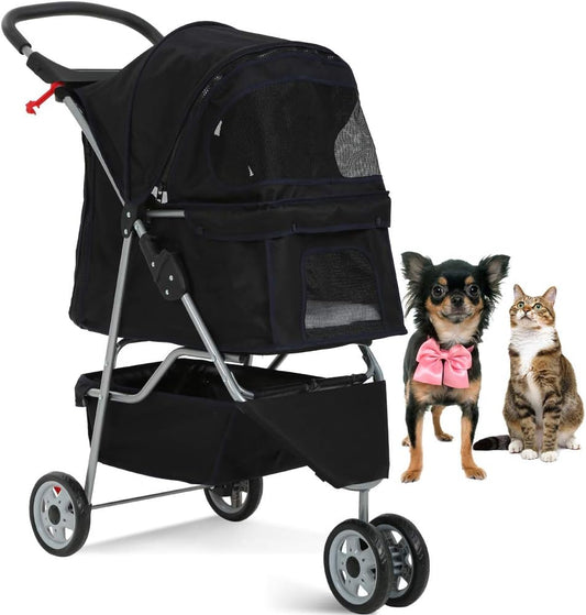 Pet Stroller Jogger Cat Dog Cage 3 Wheels Stroller Travel Folding Carrier Strolling Cart with Cup Holders and Removable Liner 35Lbs Capacity Large Doggie Stroller for Small-Medium Dogs, Cats