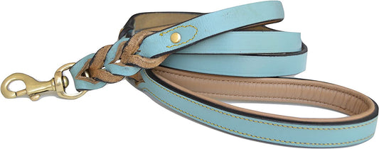 Heavy Duty Leather Braided Dog Leash, 6 Ft X 3/4 Inch, Turquoise with Beige Padded Handle