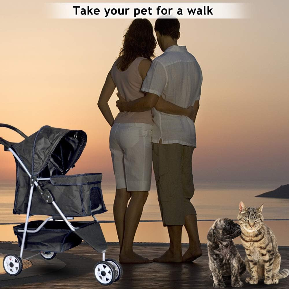 Pet Stroller Jogger Cat Dog Cage 3 Wheels Stroller Travel Folding Carrier Strolling Cart with Cup Holders and Removable Liner 35Lbs Capacity Large Doggie Stroller for Small-Medium Dogs, Cats