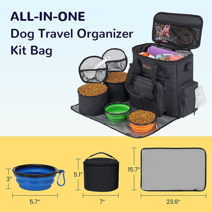 Dog Travel Bag with 2 Collapsible Dog Bowls, 1 Dog Backpack, Airline Approved Pet Travel Bag Organizer for Supplies & Accessories, 2 Travel Dog Food Container, Black