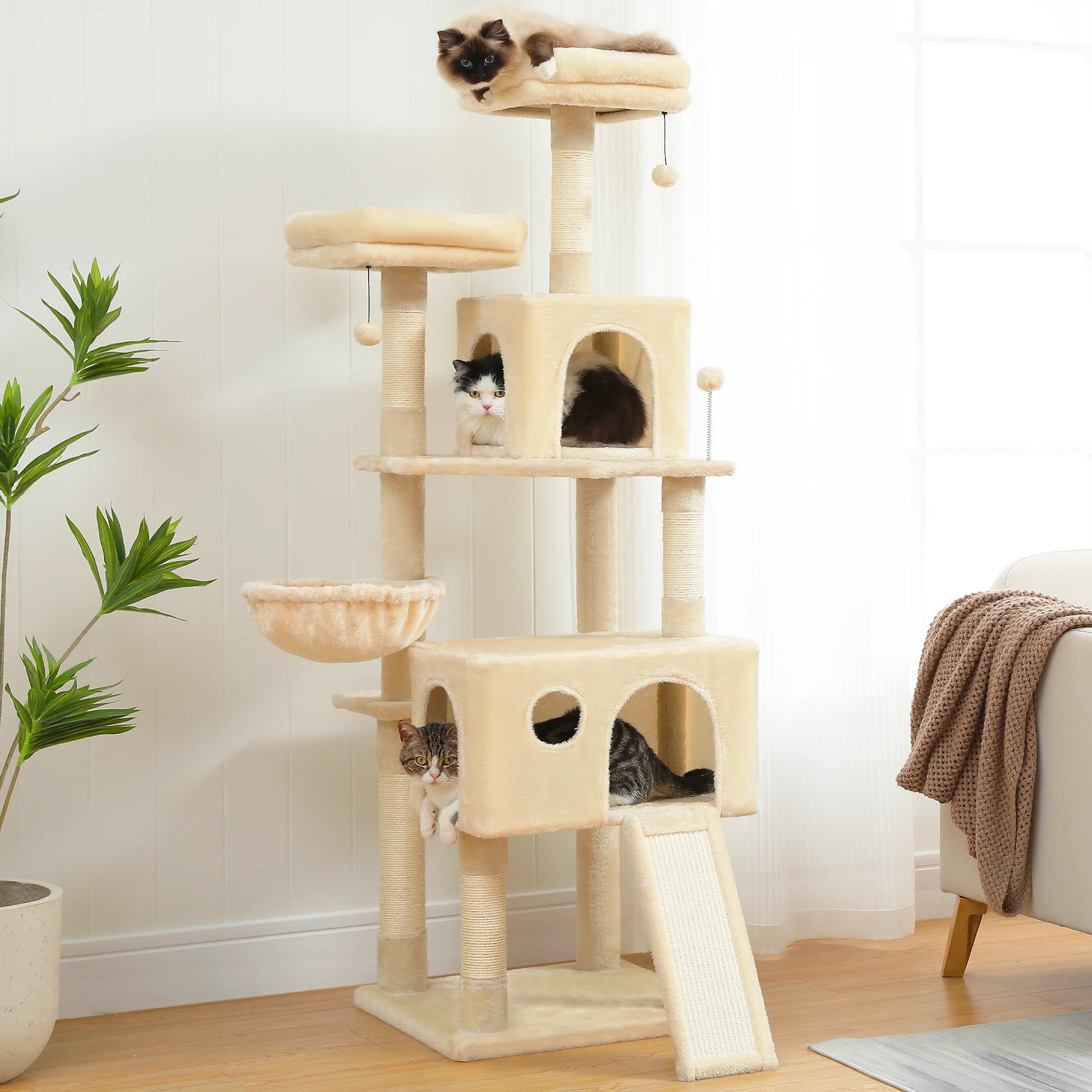 Multi-Level Pet Cat Tree House Candos Soft Natural Sisal Scratching Posts for Kitten Tower with Basket Beds Protecting Furniture